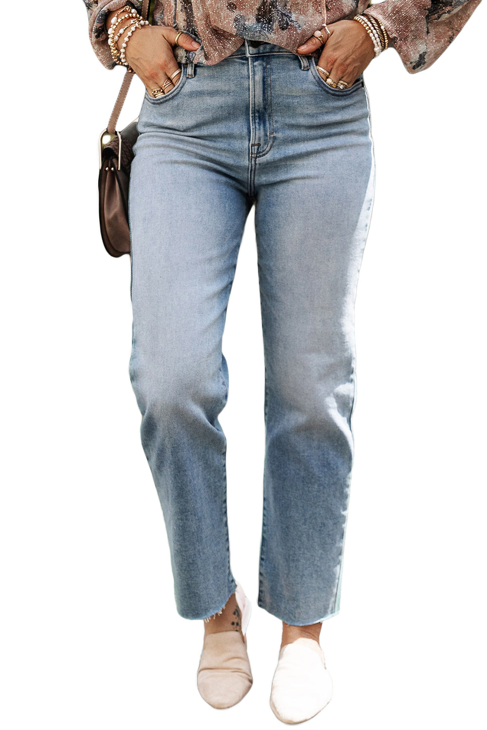 Acid Wash Raw Hem Straight Jeans