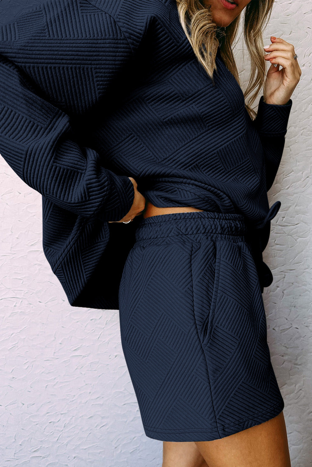 Textured Long Sleeve Top & Drawstring Shorts Set