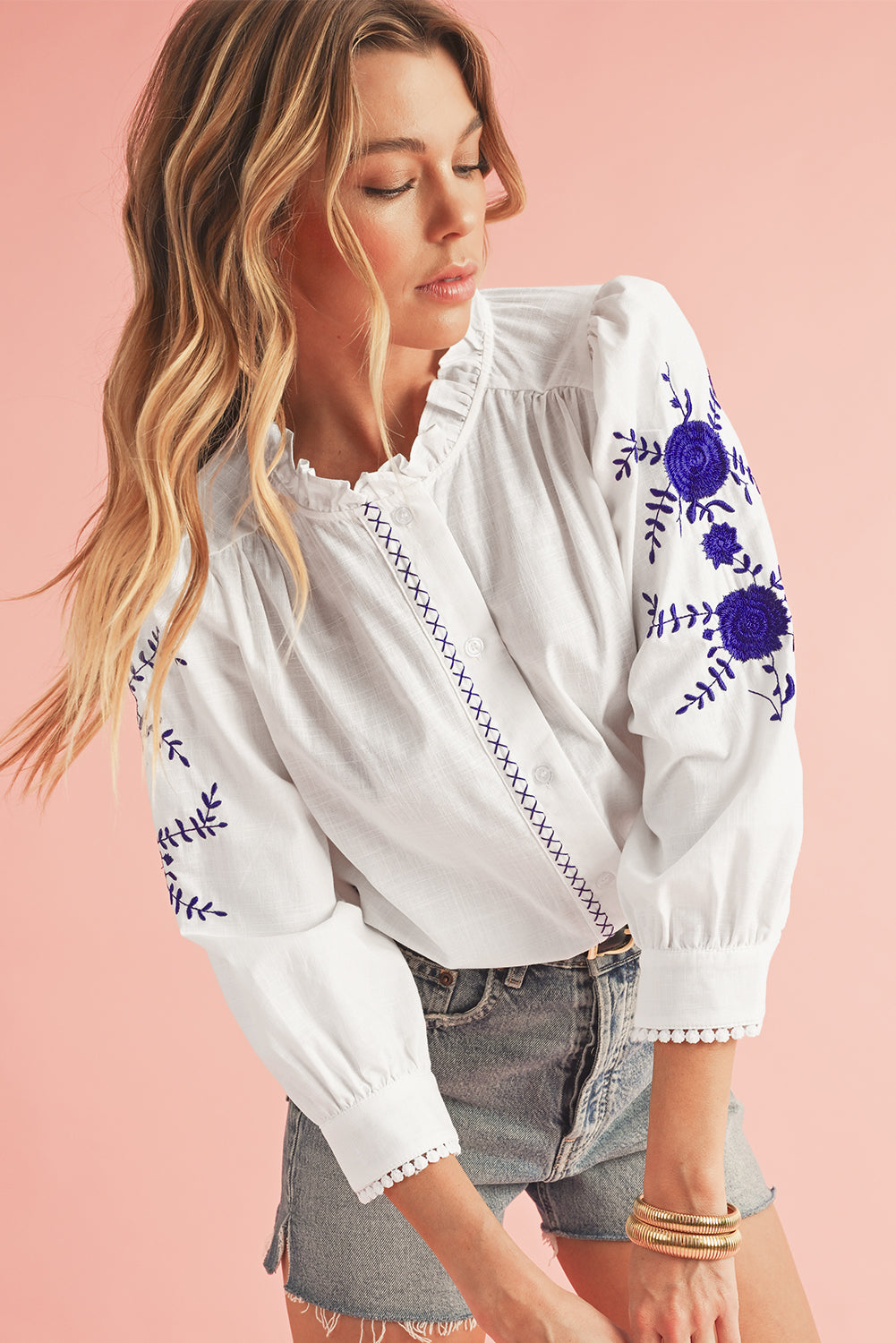 Embroidered Button Up Boho Blouse