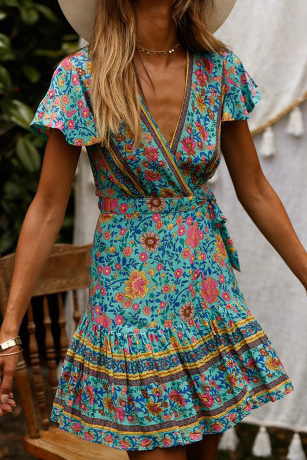 Floral Ruffle Sleeve Short Dress