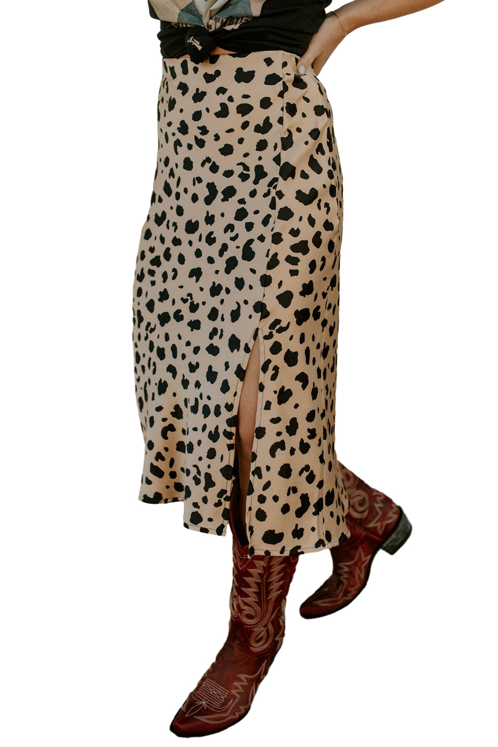 Khaki Leopard Print Side Split Midi Skirt