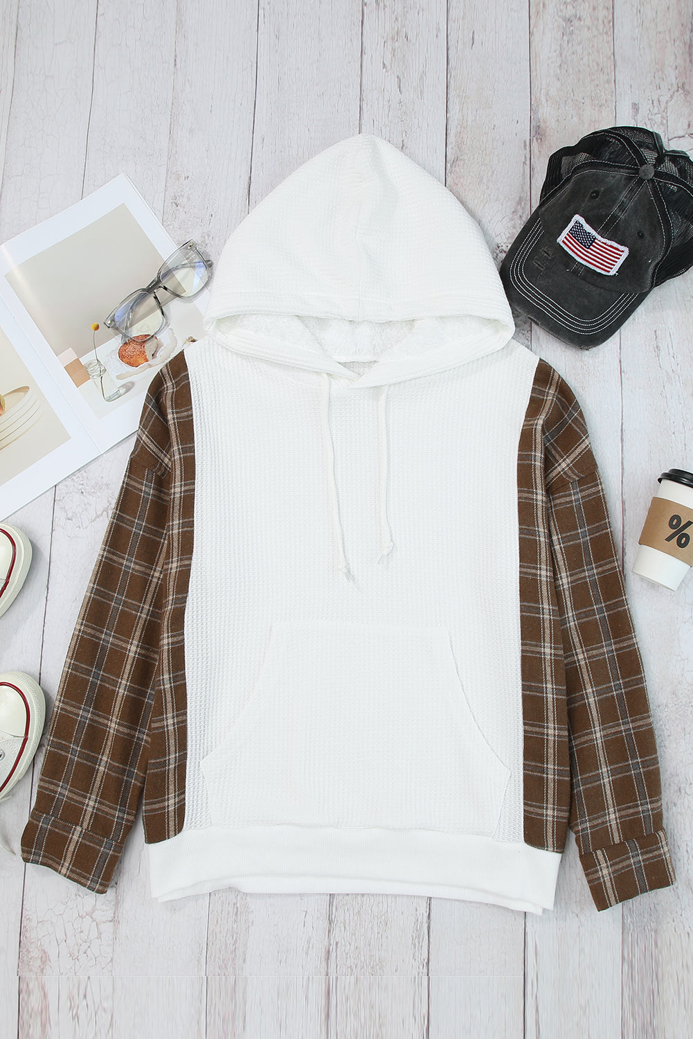 Plaid Sleeve Kangaroo Pocket Hoodie