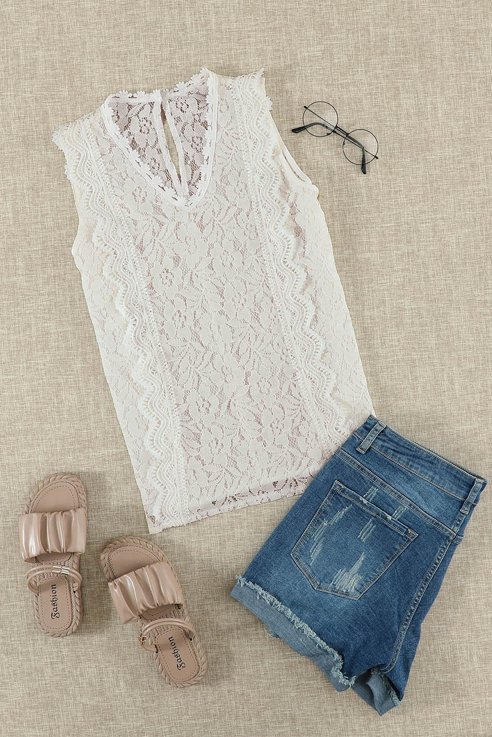 V Neck Sleeveless Lace Top for Summer