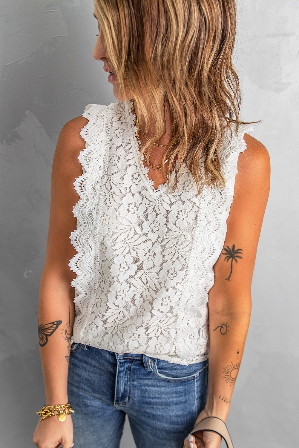 V Neck Sleeveless Lace Top for Summer