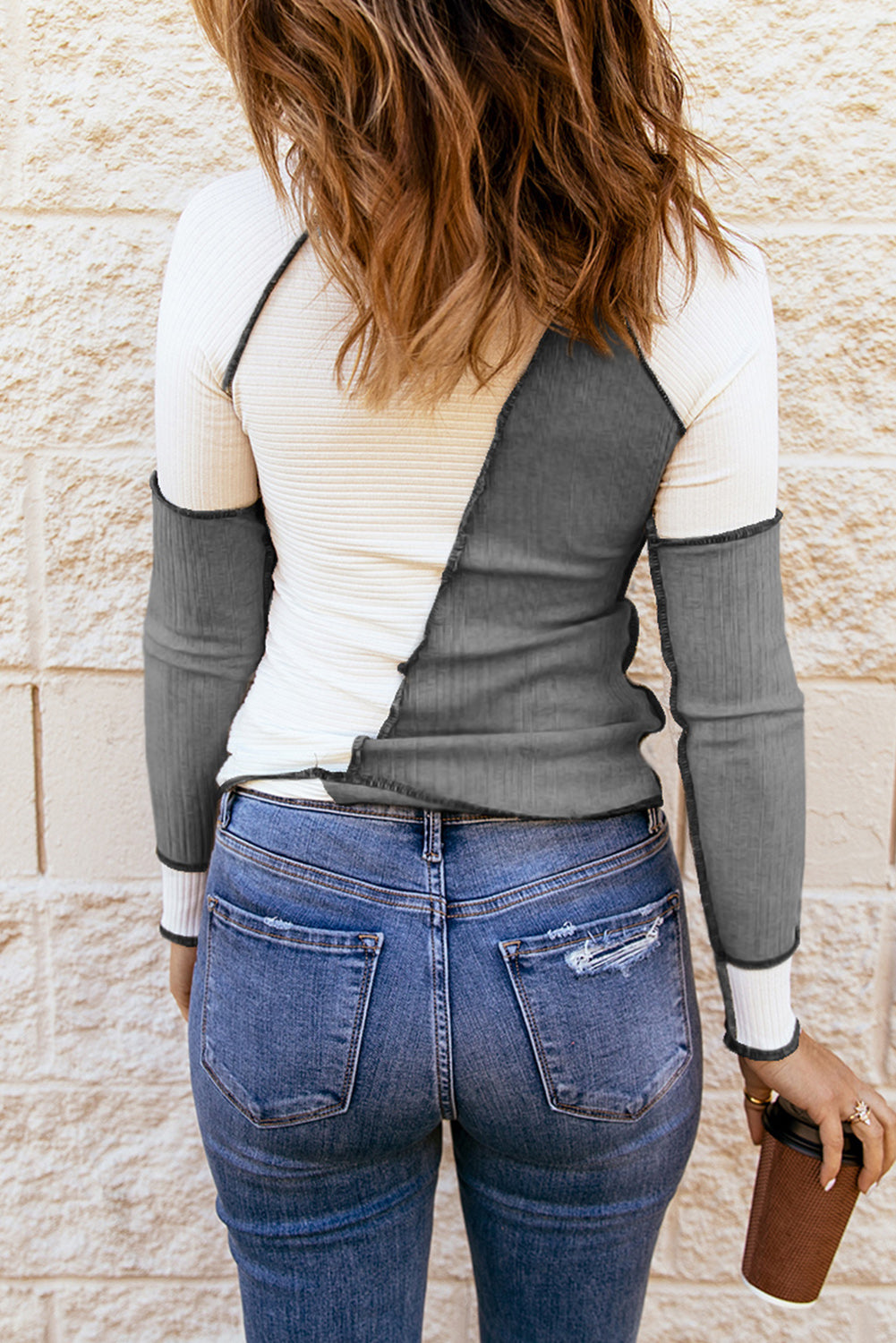 Color Block Exposed Seam Ribbed Long Sleeve Top