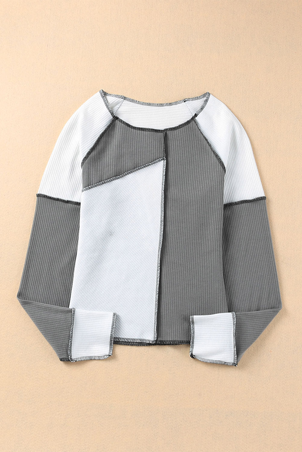 Color Block Exposed Seam Ribbed Long Sleeve Top